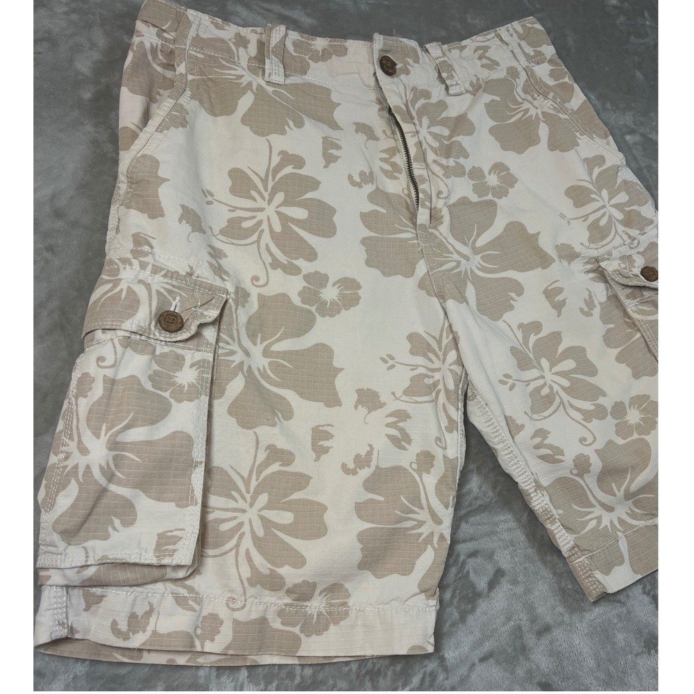 American Eagle Mens 34 Ripstop Cargo Shorts Tan Hibiscus Floral Longer Length